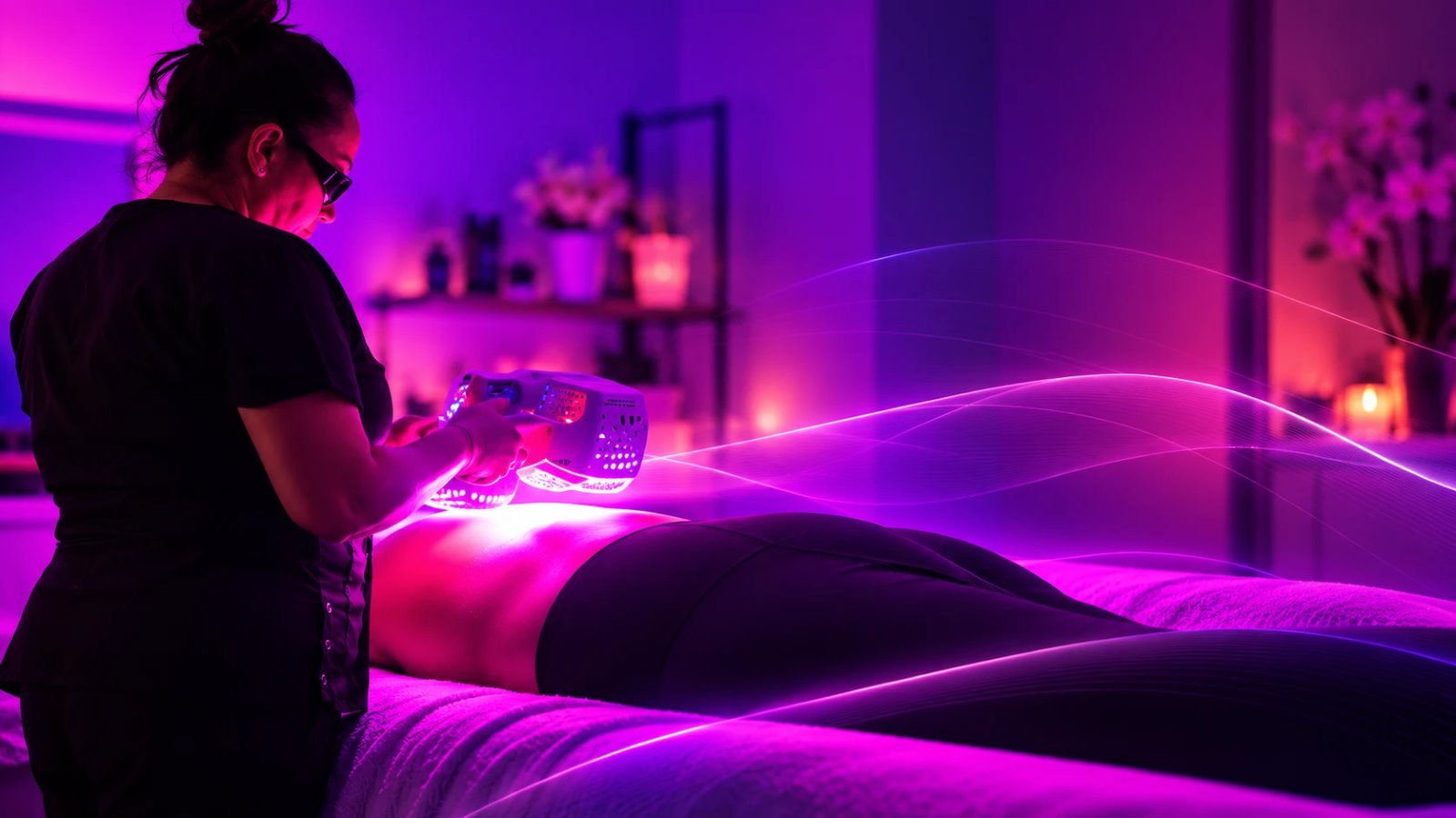 Wellness nurse gliding a Firefly light therapy handpiece over a client's back