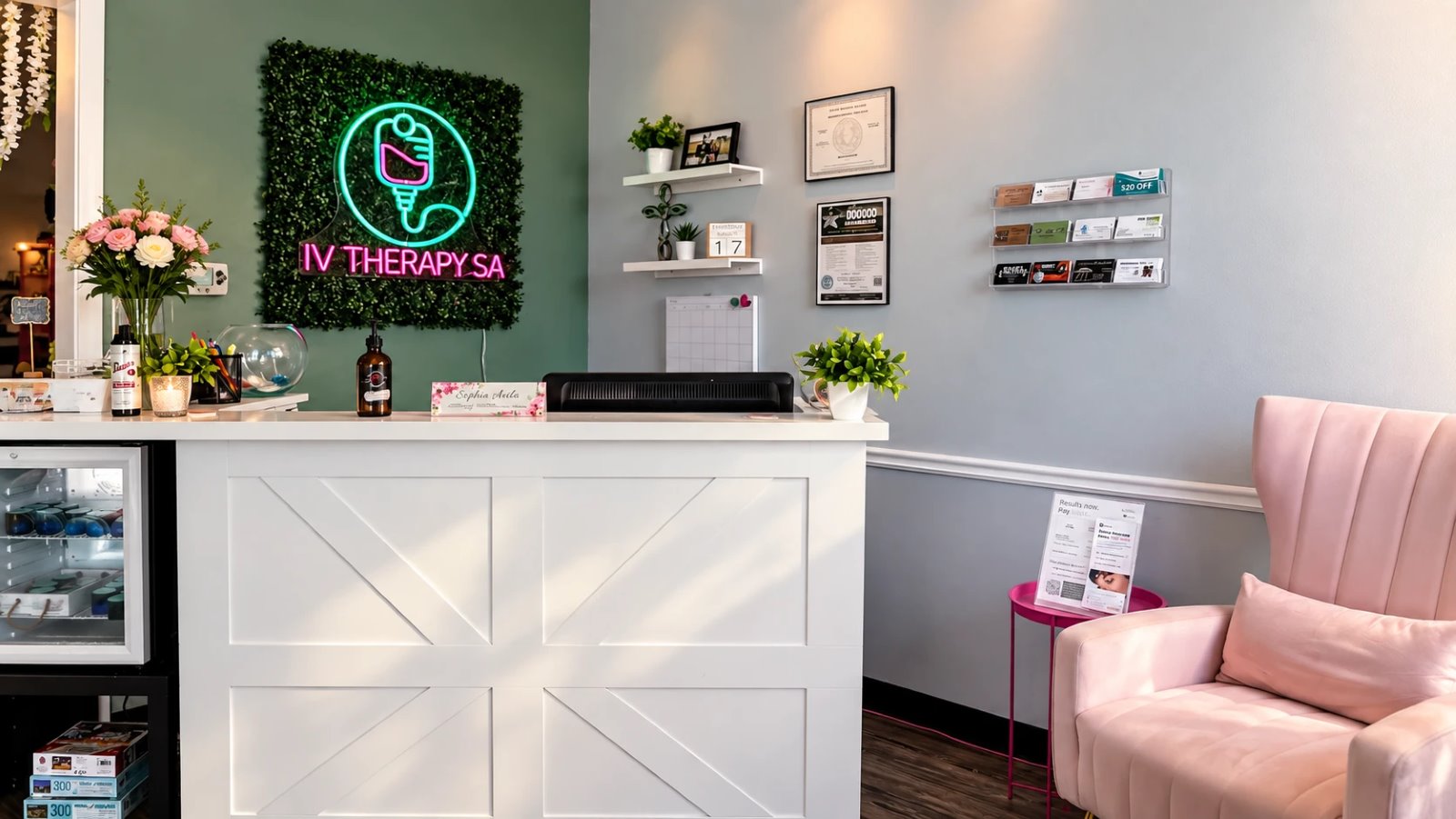 Studio reception desk with the IV Therapy SA neon sign