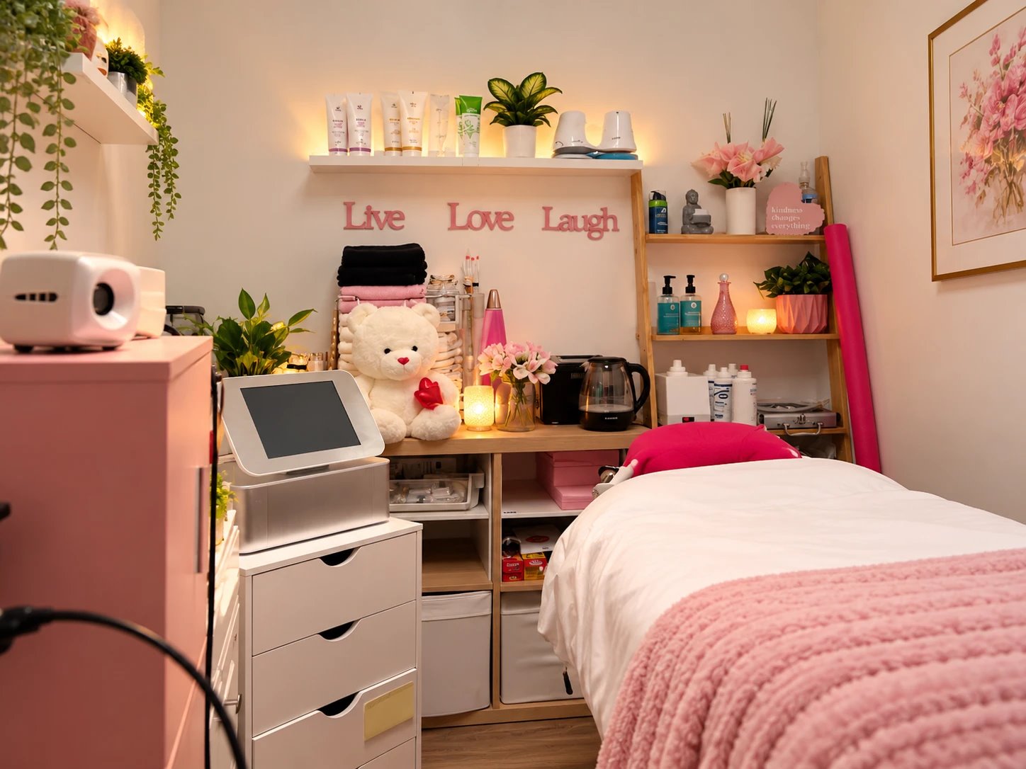 Pink and white treatment room with a bed, plants and wellness products